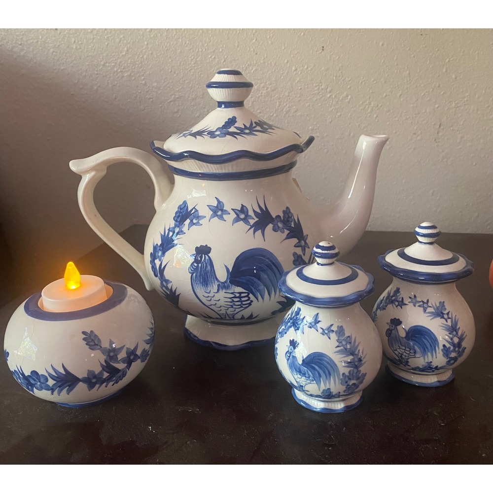 Blue and white Young's Inc Rooster Teapot Shakers Votive Set